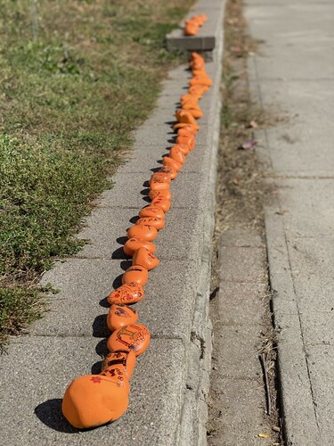 A line of orange rocks with messages of hope and support, placed along the school entrance sidewalk