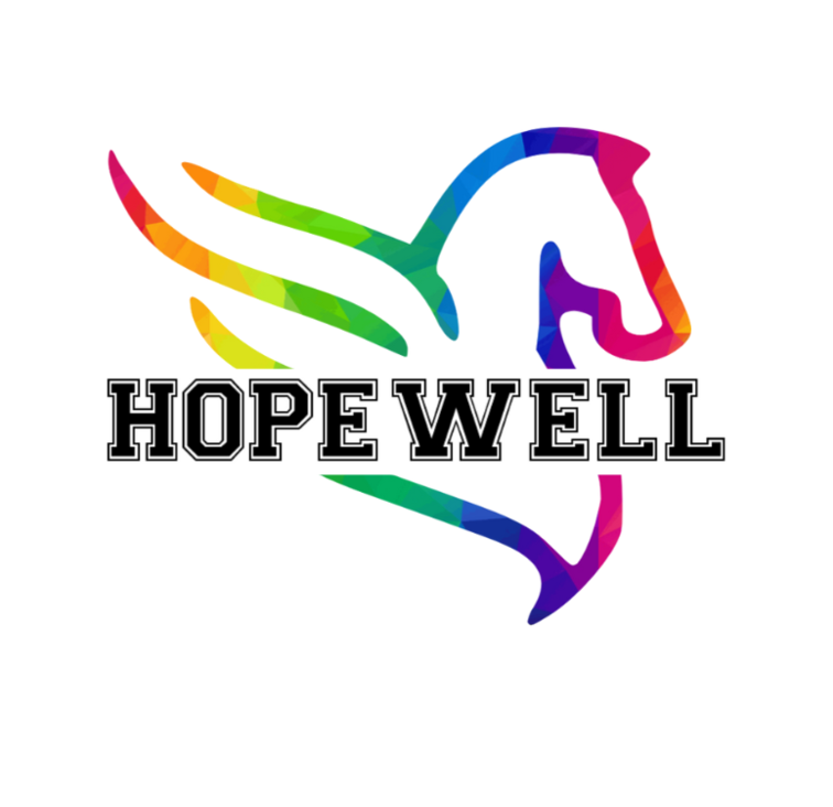 Rainbow pegasus logo with the word Hopewell in front and center in black varsity-style letters